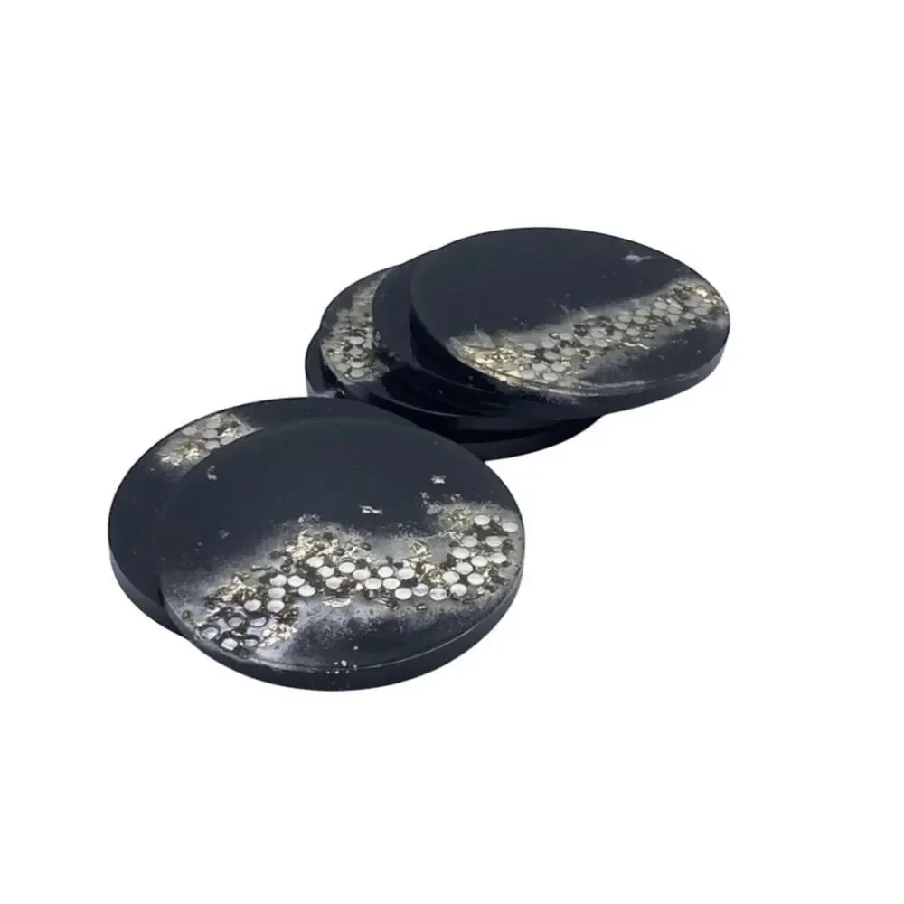 Handmade Black Resin Coasters with Silver Foil & Rhinestones | Set of 6